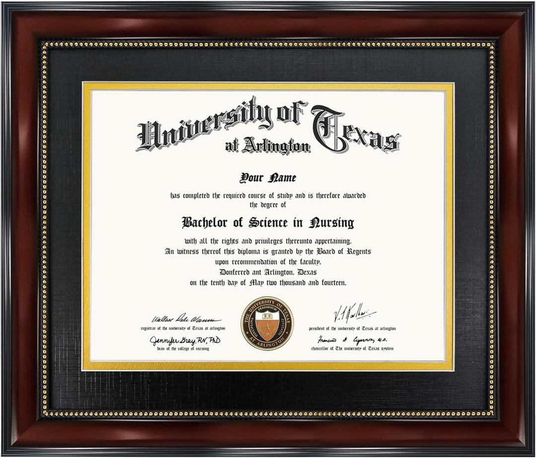 GraduationMall 8.5x11 Diploma Frame with Black over Gold Mat or Display 11x14 Document without Mat, UV Protection Acrylic, Mahogany with Gold Beads