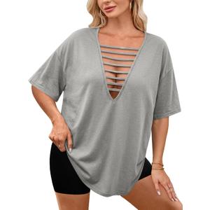 Remidoo Women's Oversized T-shirt Sexy Cut Out Top Ripped Shirt Short Sleeve V Neck Tee Grey Large (Gray, L)