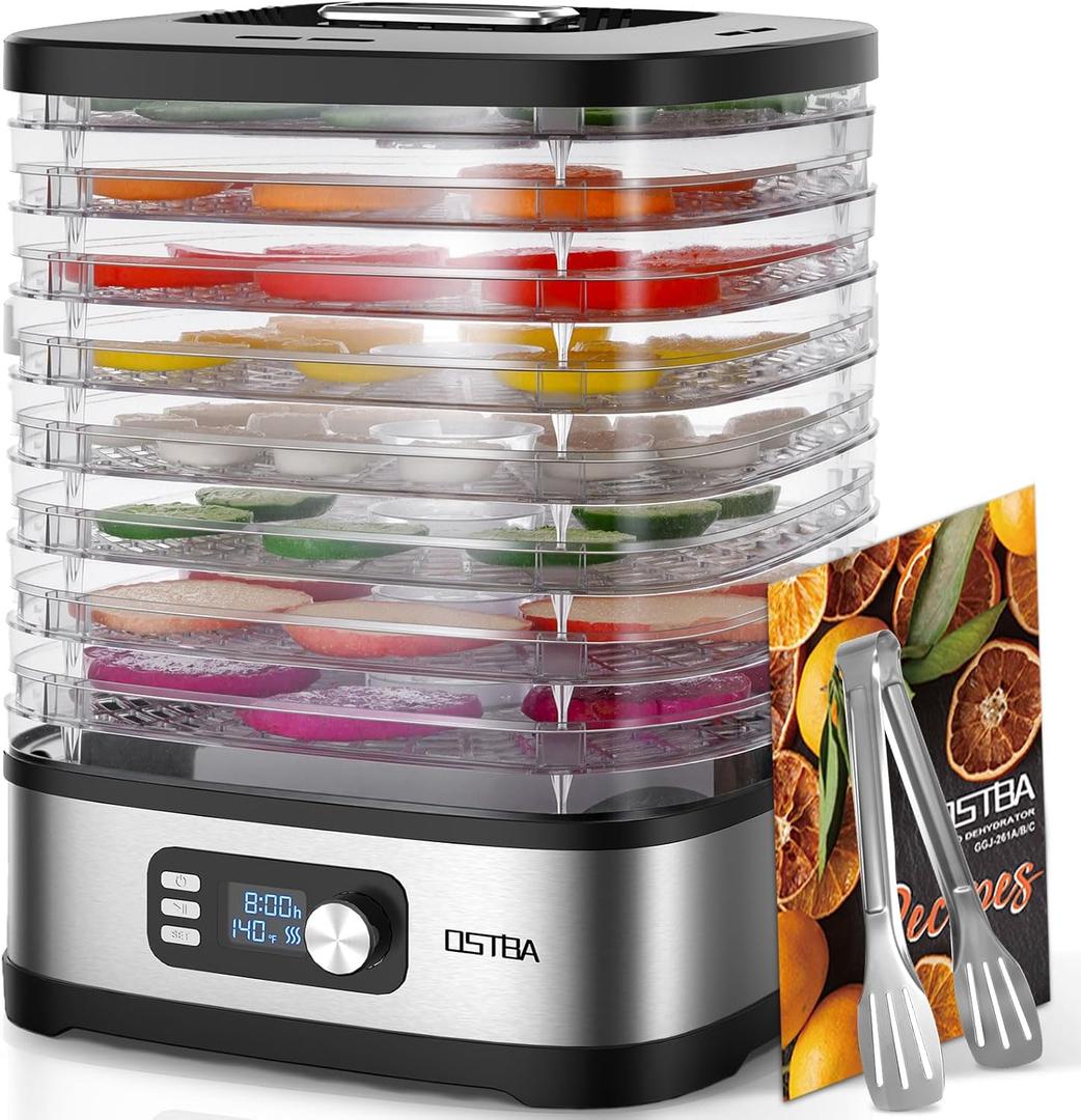 OSTBA 8-Tray Food Dehydrator, 72H Timer & Temp Control up to 158, Includes 8 Mesh Sheets, 1 Fruit Roll Tray, 1 Tongs, Recipe Book for Jerky, Fruit, Meat, Vegetables, Herbs, BPA-Free