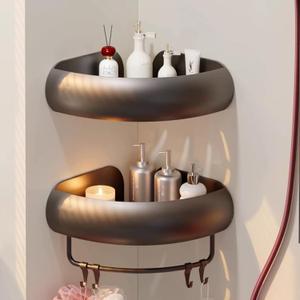 VOLPONE Corner Shower Caddy with Hooks Adhesive Shower Shelf Corner with Towel Bar (adhesive mounting, no suction cup) Bathroom Shower Organizer Storage Rack (2-Pack, Gray Color)