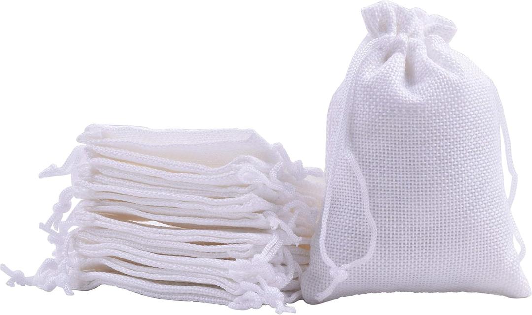 Sansam 50pcs 3.6X4.8 Inch Drawstring Burlap Gift Bags, Small Jute Jewellery Pouches, Tiny White Lining Burlap Favor Sacks For Herb, Spices, Jute Treat Bags for Christmas, Wedding, Party