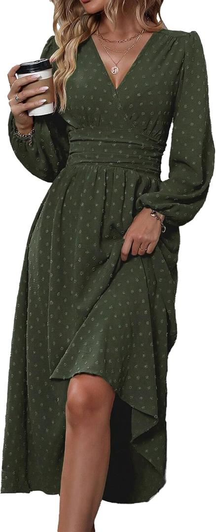 Womens Long Sleeve Dresses Maxi Wedding Guest Dresses (Green, L)