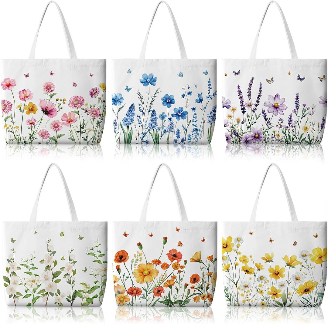 Bencailor 6 Pcs Floral Canvas Tote Bags Bulk Reusable Wildflowers Tote Bags for Women Daily Life Vacation Shopping