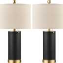 KDG 23.4" Black PU Leather Table Lamps for Living Room Set of 2, E26 Socket LED Modern Home Decor Fabric Lampshade Desk Lamp Lighitng for Bedroom, Bedside, Farmhouse, Nightstand, Night Light