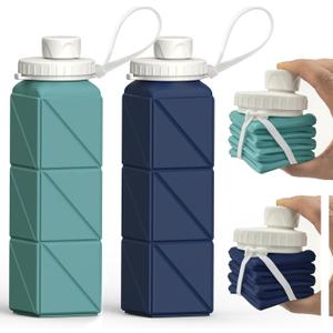 BEAUTAIL Collapsible Water Bottles 20.6oz (610 ml) 2 Pack, Silicone Foldable Portable Travel Water Bottle, BPA-free, Reusable Leakproof for Traveling Camping Hiking Cycling Sports Outdoor (Blue+DKBL)