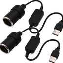 USB A Male to 12V Car Cigarette Lighter Socket Female Converter Cable 2-Pack