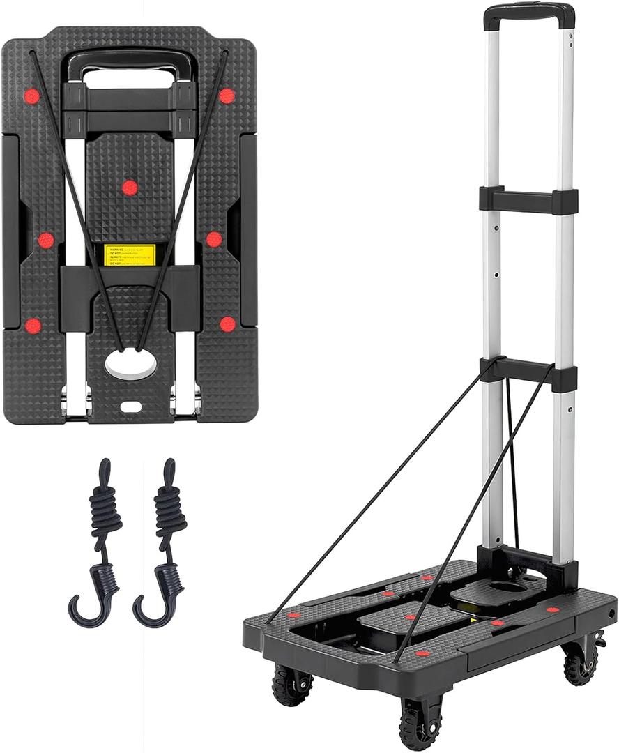 Folding Hand Truck, 330 Lbs Foldable Hand Truck Dolly Cart Heavy Duty Collapsible Trolley Portable Platform Luggage Cart with 5 Wheels & 2 Elastic Ropes for Moving Travel Home Office