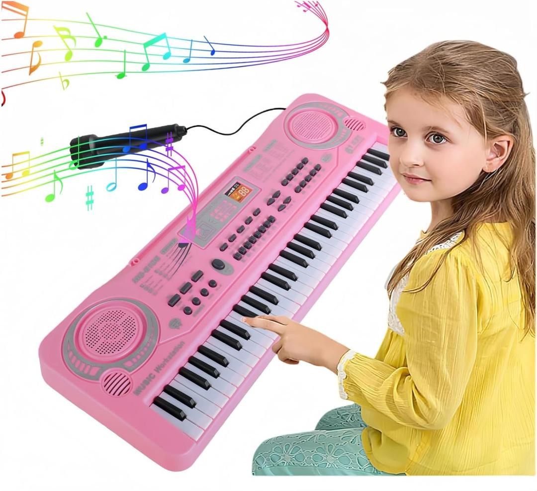 Keyboard Piano electric music Keyboard 61 Key Musical Instruments Toy portable piano w/USB Microphone Birthday Christmas gifts for kids children (PINK)