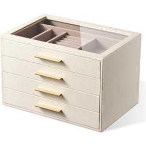 pickpiff Jewelry Box Organizer Case for Women: 4-Layer Jewelry Storage Case with Glass Window, Ivory Leather with Pink Velvet, Holder for Ring Necklace Bracelet Brooch Watch, Great Gift for Her