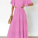 LEANI Women's 2025 Summer Cutout Maxi Dress Square Neck Short Sleeve Crossover Waist Casual Party Dresses (Pink, M)