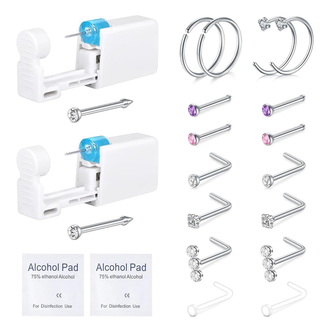 QWALIT 2pcs Nose Piercing Kit with Nose Rings and Disposable Piercing Gun (4-silver)