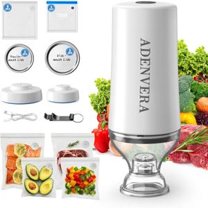 Compact Vacuum Sealer for Food Electric Mason Jar Vacuum Sealer Kit & Handheld Sealer with 10 Reusable Bags & 10 Mason Jar Lids, Portable Rechargeable, Smart Auto-Stop, White