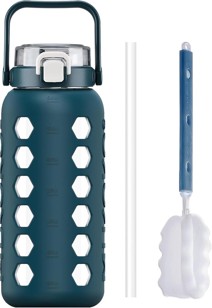 MUKOKO Half Gallon/64 oz Glass Water Bottles with Straw and Lid, Motivational Water Jug with Time Marker Reminder and Silicone Sleeve,100% Leakproof BPA Free Fitness Sports Large Bottle-Blue