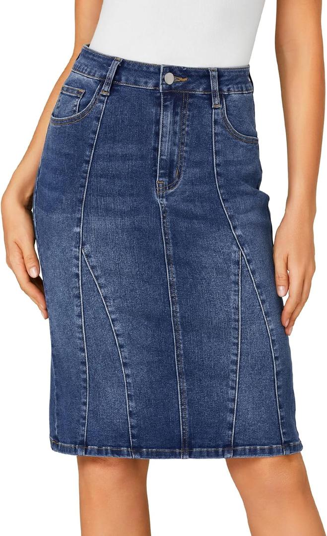 LYANER Women's Denim High Waisted Knee Length Pencil Mermaid Stretch Jean Skirt (Small, Blue)