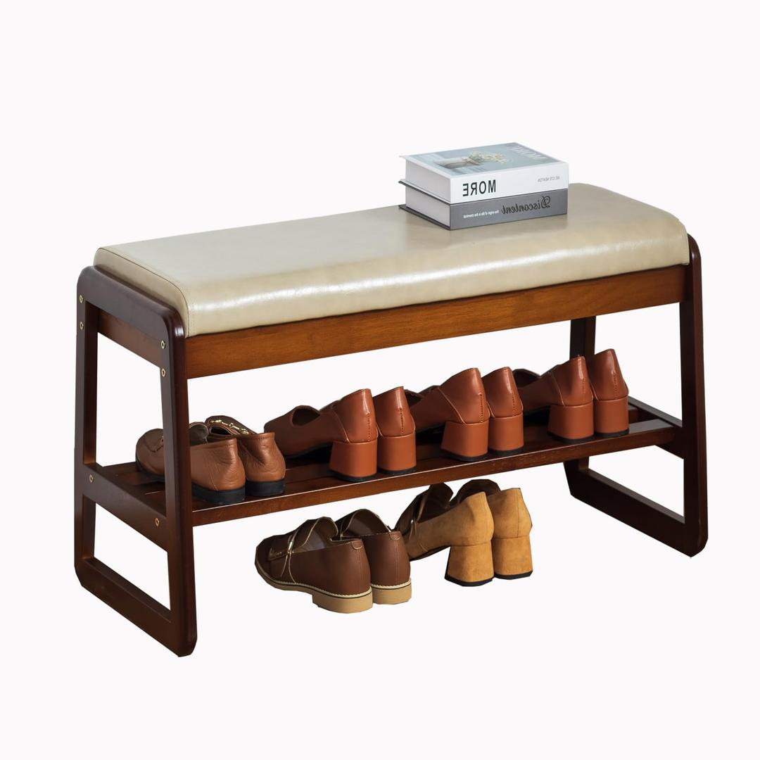 latifolia Solid Wood Bench, Entryway Shoe Bench with Cushion, 2 Tier Shoe Storage Organizer for Hallway, Living Room(Grey,31.50''L)