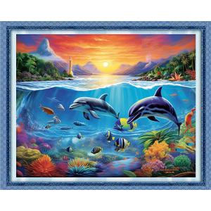 DMCVIVR Stamped Cross Stitch Kits for Adults Beginners Embroidery Kits 11CT Needlepoint Kits Cross Stitch Patterns Embroidery Patterns&Dolphin Sea World 16x20 inch
