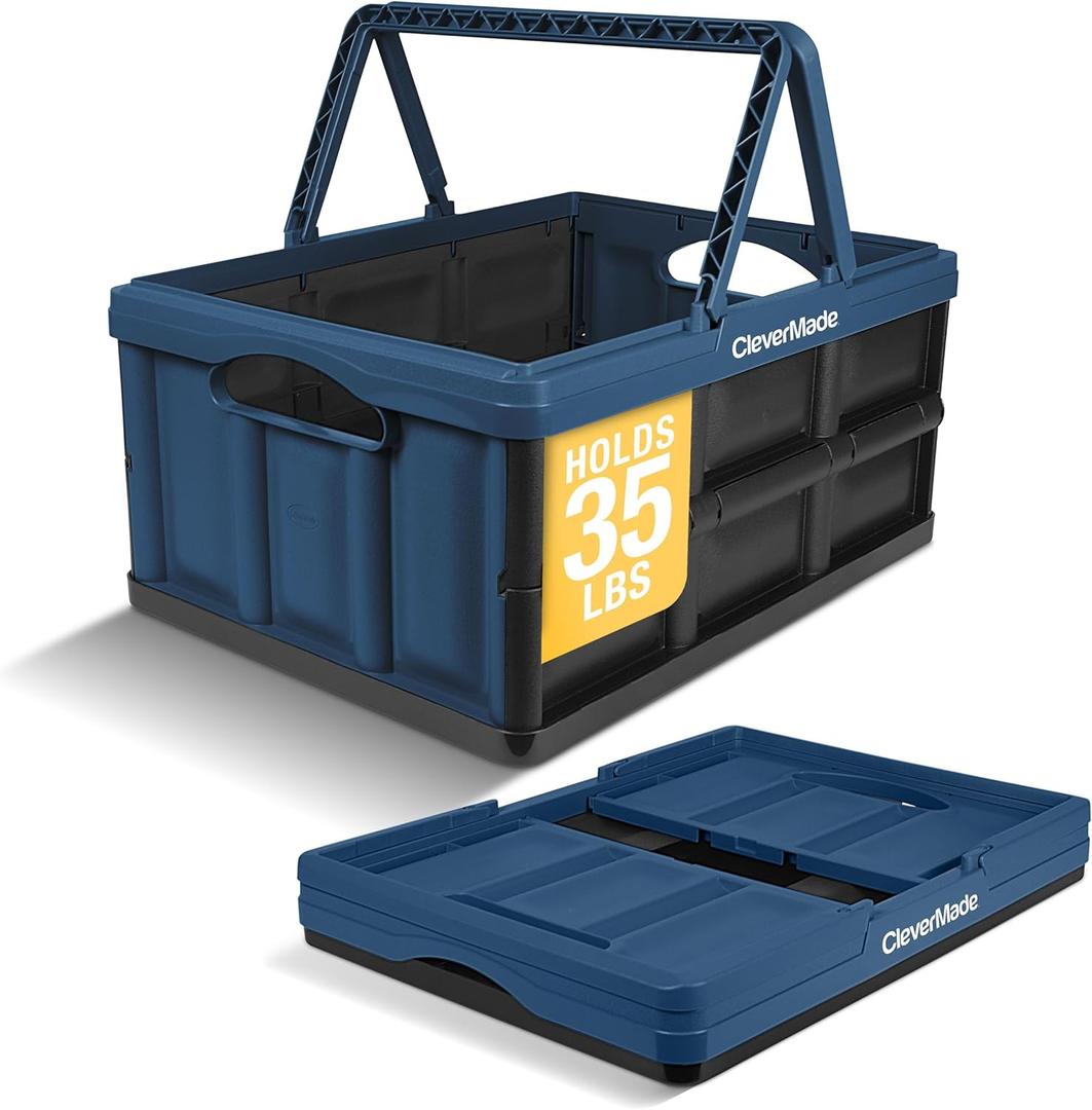 CleverMade Collapsible Shopping Basket 32L Folding Grocery Basket with Handles, Stackable Reusable Storage Crate with 35 lb Capacity, Recycled Plastic, Car Trunk Organizer - Ocean Blue