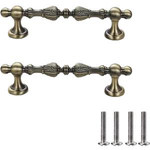 2 Pack Zinc Alloy Vintage Drawer Pulls with Screws - Ornate Drawer Handles for Kitchen Cabinets, Dresser Drawers, Furniture Hardware (Antique Brass, 5.04 inch Hole spacing)