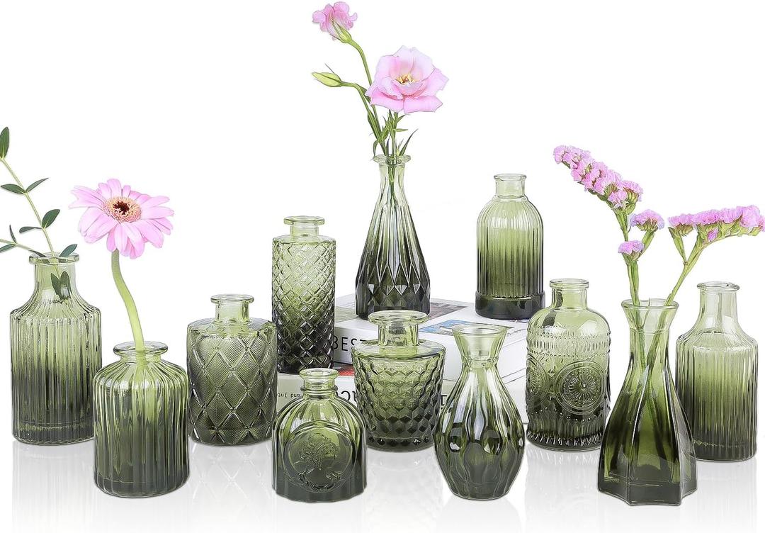 Green Glass Bud Vases Set of 12, Mini Flower Vase for Centerpieces, Small Glass Vases in Bulk for Wedding Decorations, Vintage Vase for Bridal Shower, Party, Recepetion, Home Table Dcor