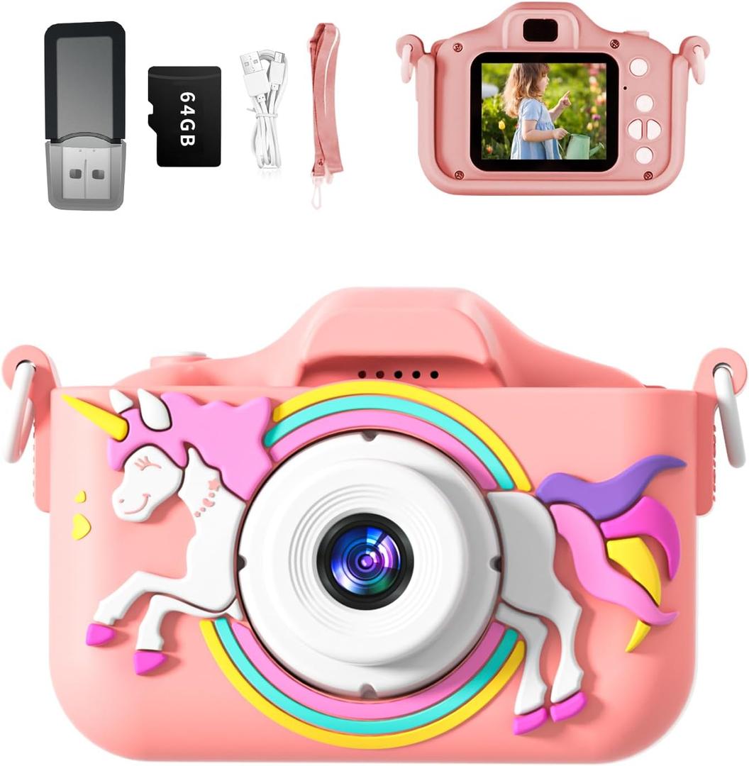 Kids Camera, Rainbow Design, 2.0 Inch LCD Screen, with 64GB Memory Card, Girls Toy (Pink8)