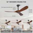52 Inch Ceiling Fan No Light ，Wood Outdoor Ceiling Fans for Patios Living Room Bedroom 3 Blade Propeller Modern Ceiling Fan Without Light with remote Control(Walnut)