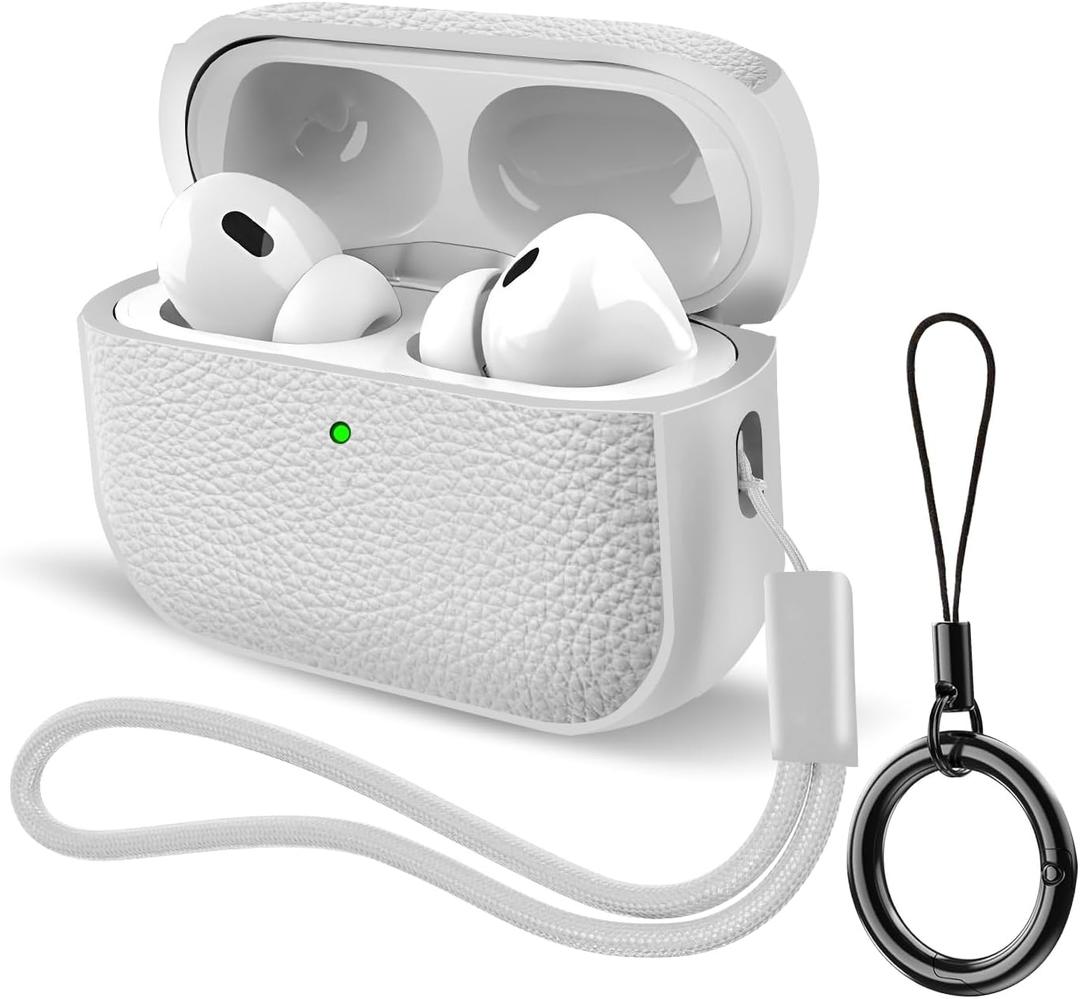 Case for AirPods Pro 3 (2025 Release), Leather-Texture TPU Shockproof Protective Cover with Keychain, Wrist Strap, Front LED Visible  White