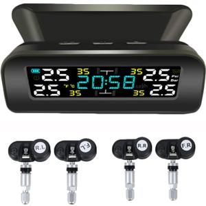 Tire Pressure Monitoring System Wireless Solar TPMS, Tire Pressure Monitor with 4 Sensors Real-time Display Temperature Pressure for Car RV SUV MPV Sedan (Internal)