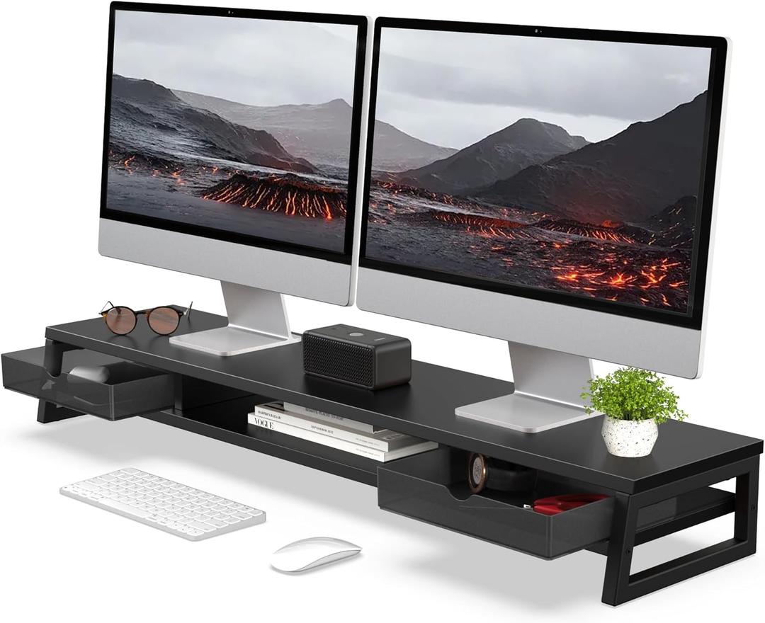 Fenge Dual Monitor Stand, Monitor Riser with Drawer, 42.5 Inch Large Computer Monitor Stand for 2 Monitors, 2 Tier Wooden Desk Shelf for Top of Desk (Black)