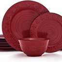 Pfaltzgraff Trellis Snowflakes 12 Piece Dinnerware Set, Service For 4, Red