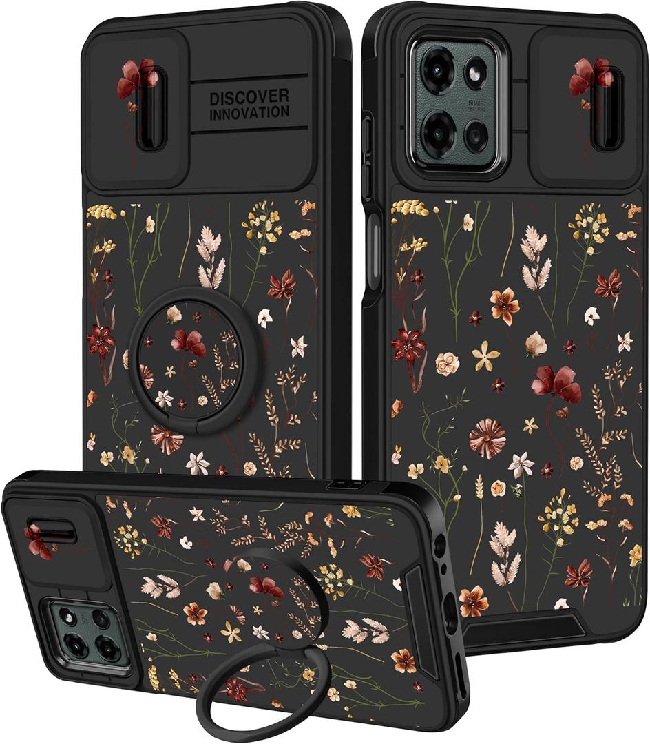 Goocrux for Moto G 5G 2025 Case - Women Girls Cute Phone Cover Girly Pretty Kawaii Unique Aesthetic Design Slide Camera Cover with Ring Stand Holder Cases for Motorola G 5G 2025, Black Floral