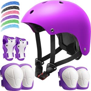 Kids Bike Helmet Set, Adjustable Helmet for Ages 2-3-5-8-14 Year Boys Girls, Toddler Pad Set with Knee and Elbow Pads for Bike, Roller, Skating, Scooter, Longboard and More Sports, S: 18.9"-21.3"/2-8 years old, Purple