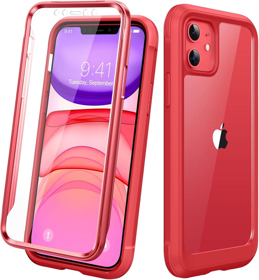 Diaclara Compatible with iPhone 11 Case, Full Body Rugged with Built-in Touch Sensitive Anti-Scratch Screen Protector, Soft TPU Bumper Case Clear Compatible with iPhone 11 6.1" (Red and Clear)