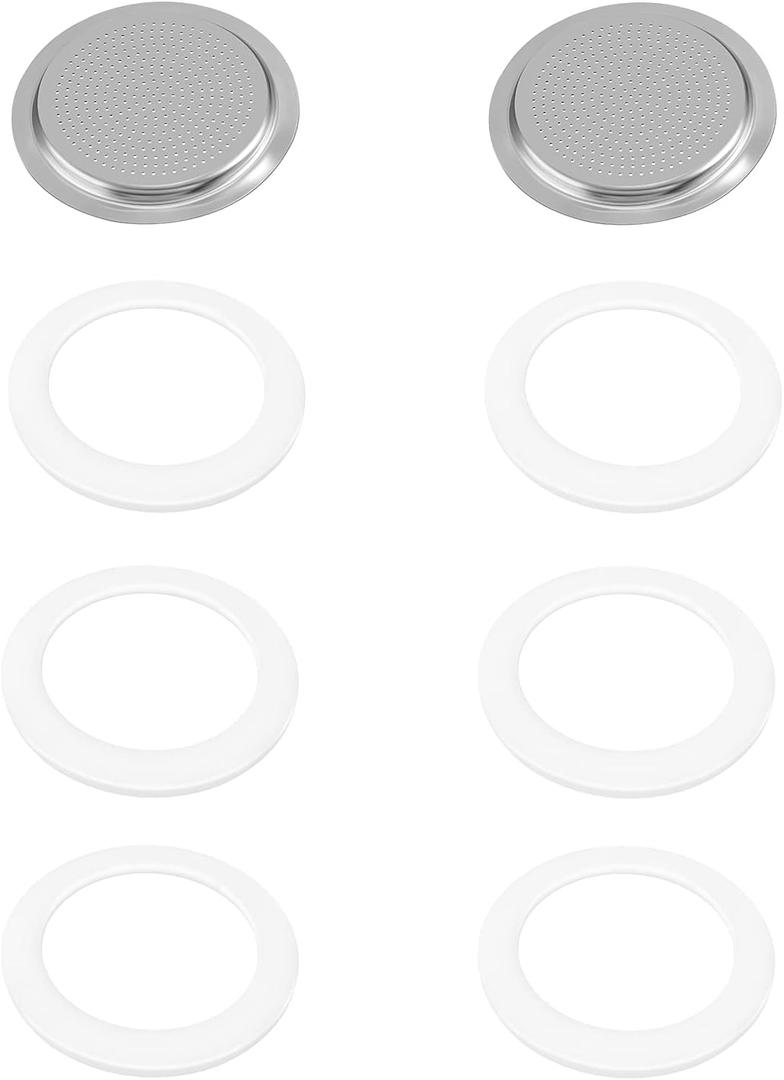 6 Pieces Moka Pot Replacement Cup Gasket with 2 Pcs Stainless Filter Silicone Moka Express Replacement Seals Funnel Kits Compatible Espresso Coffee Maker Parts(6cup)