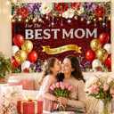 Mothers Day Backdrop 7x5FT Happy Mothers Day Banner with 32.8ft Ribbon, Polyester Floral Mothers Day Banner with 4 Brass Grommets for Mothers Day Party Decorations Photography Background