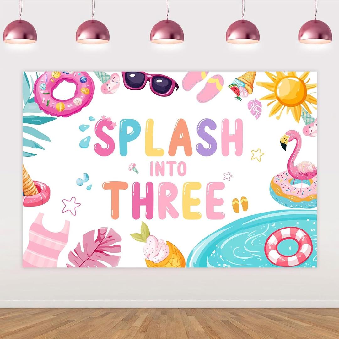 Pool 3rd Birthday Party Decoration Girl, Splash into Three Decoration Backdrop Banner 53ft Summer Pool Background Props for Splish Splash Beach Aloha Tropical 3rd Birthday Party Decoration