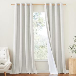 NICETOWN 100% Absolutely Blackout Linen Curtains with Thermal Insulated White Liner, Natural, W52, 2 Pieces, Noise Reducing Textured Linen Look Curtains for Windows 108 inch Length for Classroom (Ivory)