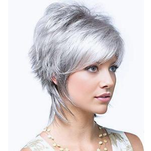 SEVENCOLORS Short Grey Wigs for Women Natural Layered Pixie Cut Wig with Bangs Synthetic Hair Short Silver Gray Wigs for Older White Women