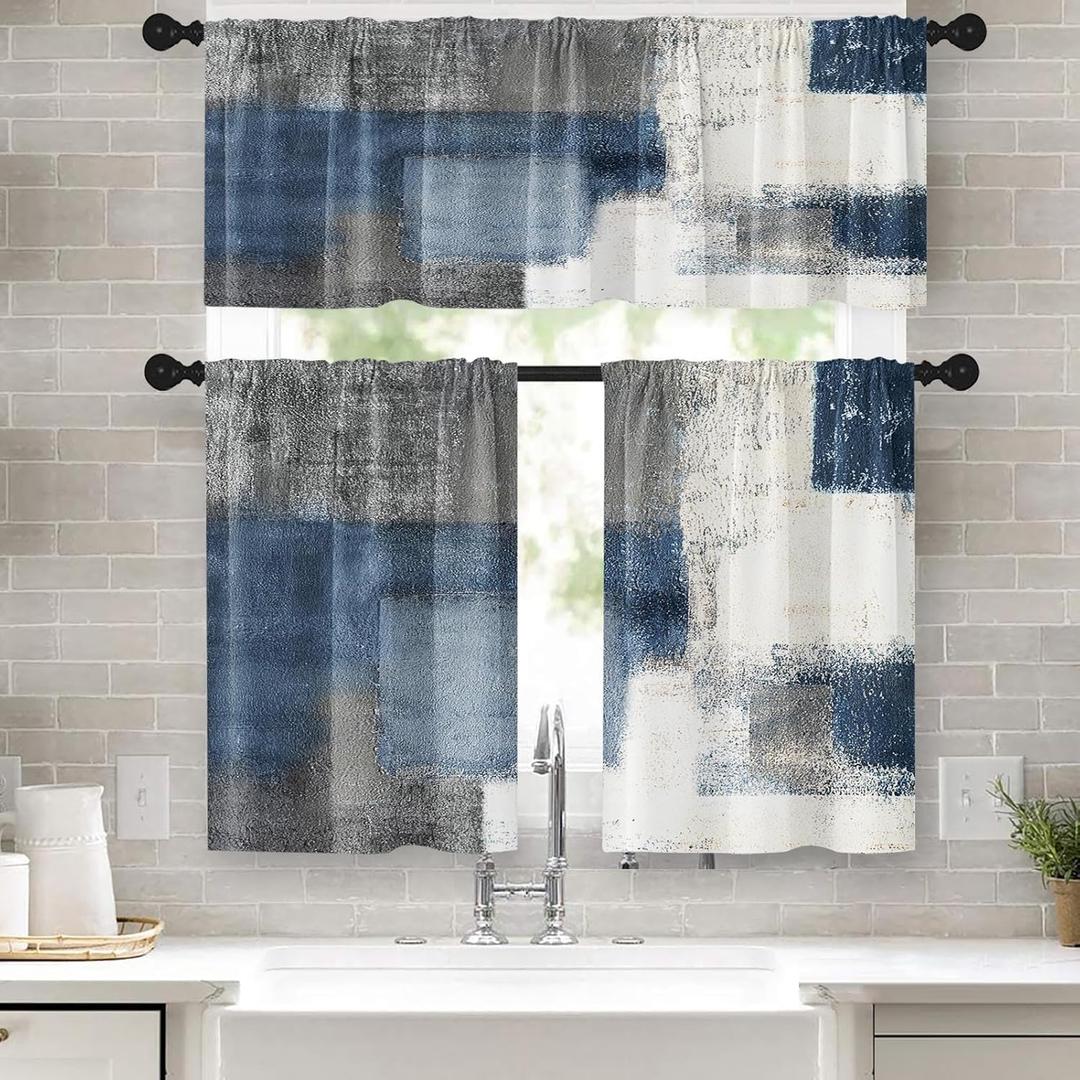 Blue Kitchen Window Curtains Valance and Tier Set, Grey White Contemporary Rod Pocket Short Tier Curtain, Abstract Art Small Cafe Drapes for Kitchen Decor 52" x 24"
