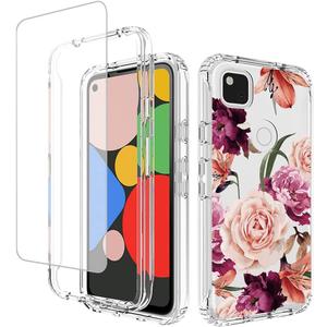 Case for Google Pixel 4A (Not Fit 4A 5G) G025J with Tempered Glass Screen Protector, Floral Design Shockproof Bumper Full Body Protective Cell Phone Cover for Google Pixel 4A (Purple Flower)