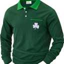 Arvilhill Men St Patrick's Day Polo Shirts Classic Irish Long Sleeve Collared Shirt (S-3XL) (Medium, Green - Embroidery Clover)