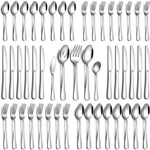 PHILIPALA 45 Piece Silverware Set with Serving Utensils, Stainless Steel Flatware Set for 8 Food Grade Novelty Flatware Cutlery Utensil Set Include Knife Fork Spoon Mirror Polished Dishwasher Safe