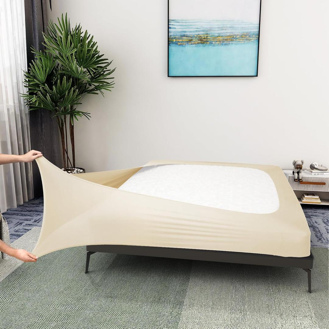 Box Spring Cover King/Cal King Size - Jersey Knit & Stretchy Wrap Around 4 Sides Bed Skirt for Hotel & Home, Beige (King/Cal king/Olympic Queen)