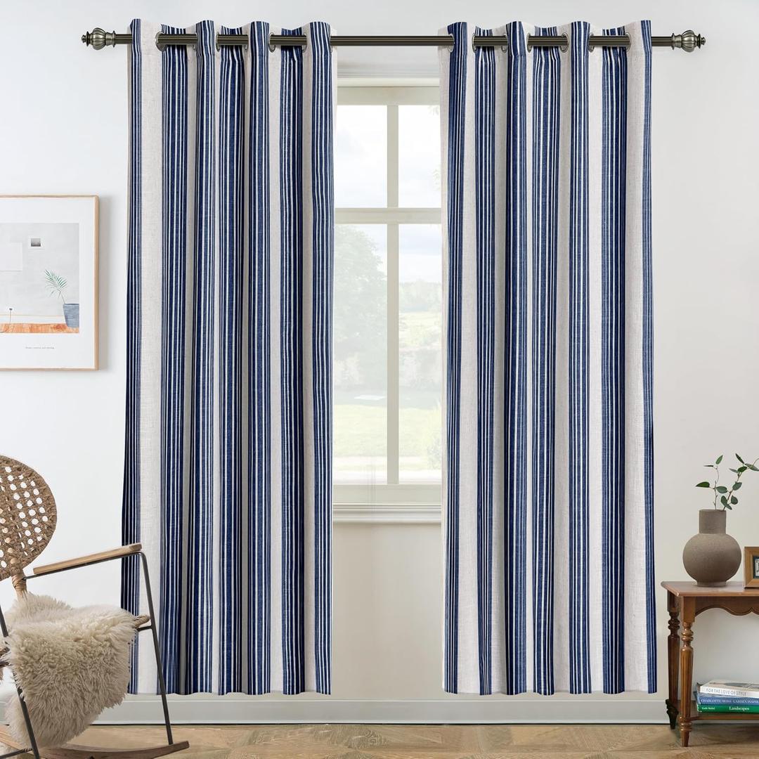 DriftAway Chris Linen Blackout Curtains with Thermal and Sound Reducing Layer 72 Inches Long for Bedroom Striped Printed Drapes Thermal Insulated Lined Window Treatments for Living Room Dark Blue