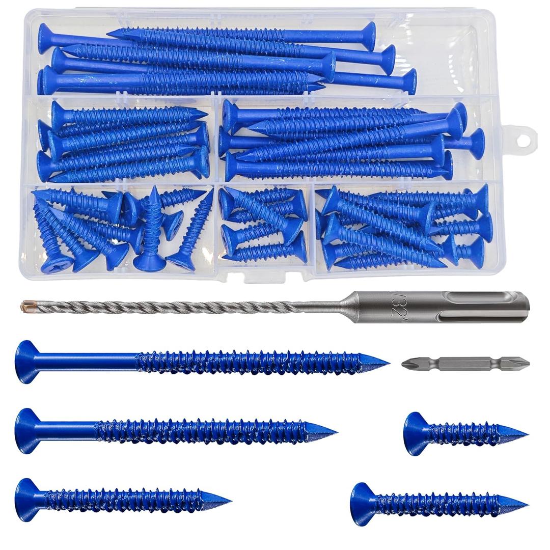 Wensilon 49 PCS) 1/4"" Concrete Screw Anchor Kit Blue Flat Head for Anchoring to Masonry, Block or Brick Stucco