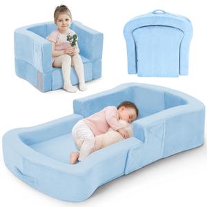 Toddler Travel Bed, 2-in-1 Foldable Portable Toddler Bed Sofa Chair, Soft Baby Kids Travel Floor Cot with Washable Covers Safety Foam Raised Bumper for Camping Hotel Sleeping (Blue)
