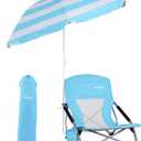 Beach Chair Low Beach Chairs for Adults Beach Chair with Folding Chair Detachable SPF 50+ Umbrella, Armrests, Cup Holder, Portable Sand Chair for Beach (1-Pack Blue)