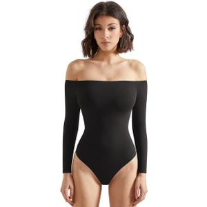 SUUKSESS Women Off the Shoulder Long Sleeve Bodysuit Double Lined Thong Bodysuit, Small