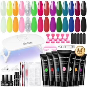JEWHITENY 14 Colors Poly Nail Extension gel Kit with U V Lamp Pink Red Blue Nude Builder Jelly Manicure Enhancement Starter Set DIY At Home All In One for Starter Gift For Women (F315-F328 MINI KIT)