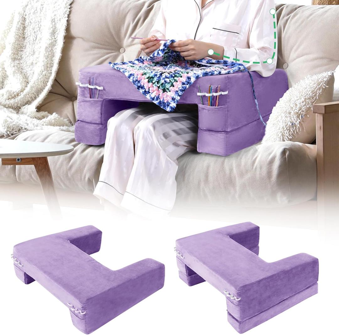 HOMBYS Adjustable Foam Crochet Pillow for Lap Support, Soft Velvet Reading & Gaming Pillow with Side Pocket and Elastic Band, Desk Pillow for Sofa, Bed & Floor, Heights for Adjusting (Purple)