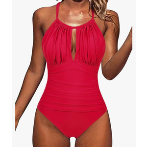 Women's Slimming One Piece Swimsuits Halter High Neck Tummy Control Bathing Suit Sexy Ruched Monokini Swimwear, Medium